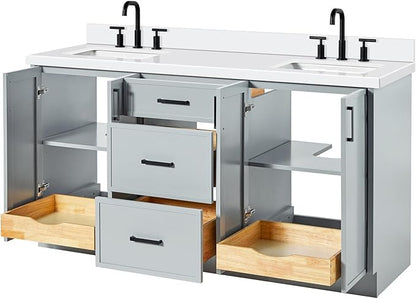 ARIEL Kelly 66-inch Bathroom Vanity with Sink,Solid Wood, 1.5-inch Pure White Quartz Countertop & Backsplash, Double Rectangular Porcelain Sink, 4 Soft Closing Doors, 5 Dovetail Drawers, Grey