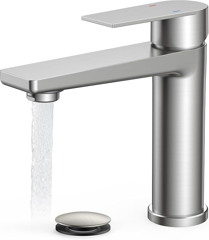 FORIOUS Brushed Nickel Bathroom Faucet 1 Hole, Commercial Bathroom Faucets | CUPC Single Hole Bathroom Faucet Brushed Nickel, Rv Bathroom Sink Faucet 1 Hole with Deck Plate&Drain, Camper Sink Upgrade