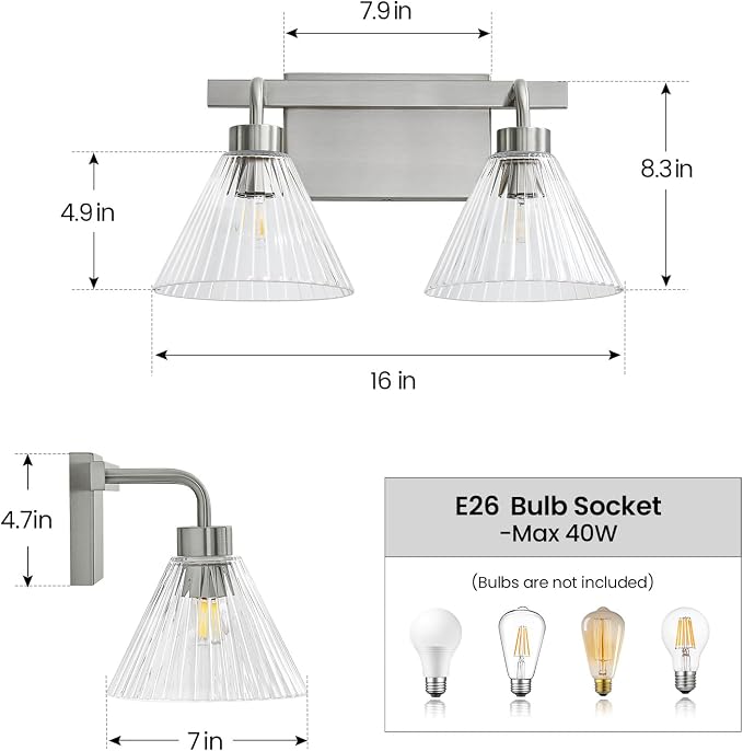 AIJIASI Modern Bathroom Light Fixtures 2-Light Brushed Nickel Vanity Lights for Bathroom with Ribbed Glass Shade 16 Inch Bathroom Lighting Fixtures Over Mirror Wall Sconce for Bedroom Living Room