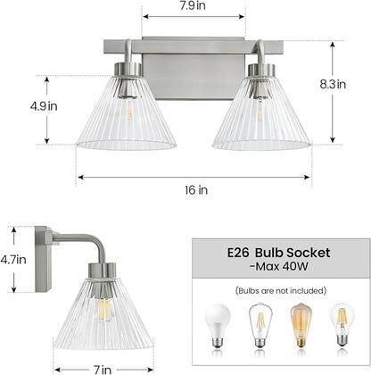 AIJIASI Modern Bathroom Light Fixtures 2-Light Brushed Nickel Vanity Lights for Bathroom with Ribbed Glass Shade 16 Inch Bathroom Lighting Fixtures Over Mirror Wall Sconce for Bedroom Living Room