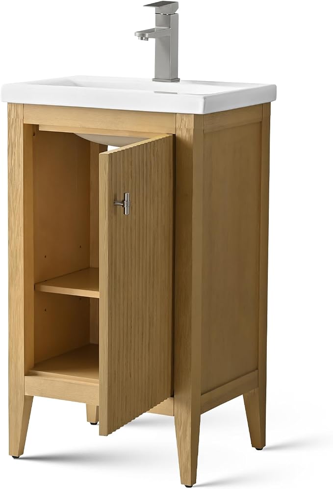 Vanity Art 20 inch Oak Bathroom Vanity with Single Sink & Ceramic Top, Vanity Cabinet with Soft-Closing Door, Solid Wood Frame, Linear Pattern, Natural Oak, VA9120-NO-MB,Matte Black Handles