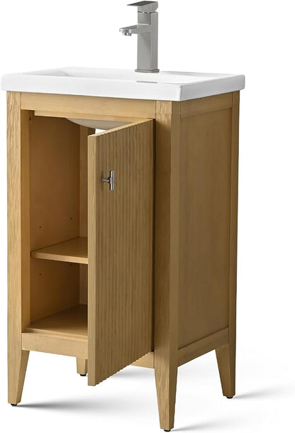 Vanity Art 20 inch Oak Bathroom Vanity with Single Sink & Ceramic Top, Vanity Cabinet with Soft-Closing Door, Solid Wood Frame, Linear Pattern, Natural Oak, VA9120-NO-MB,Matte Black Handles