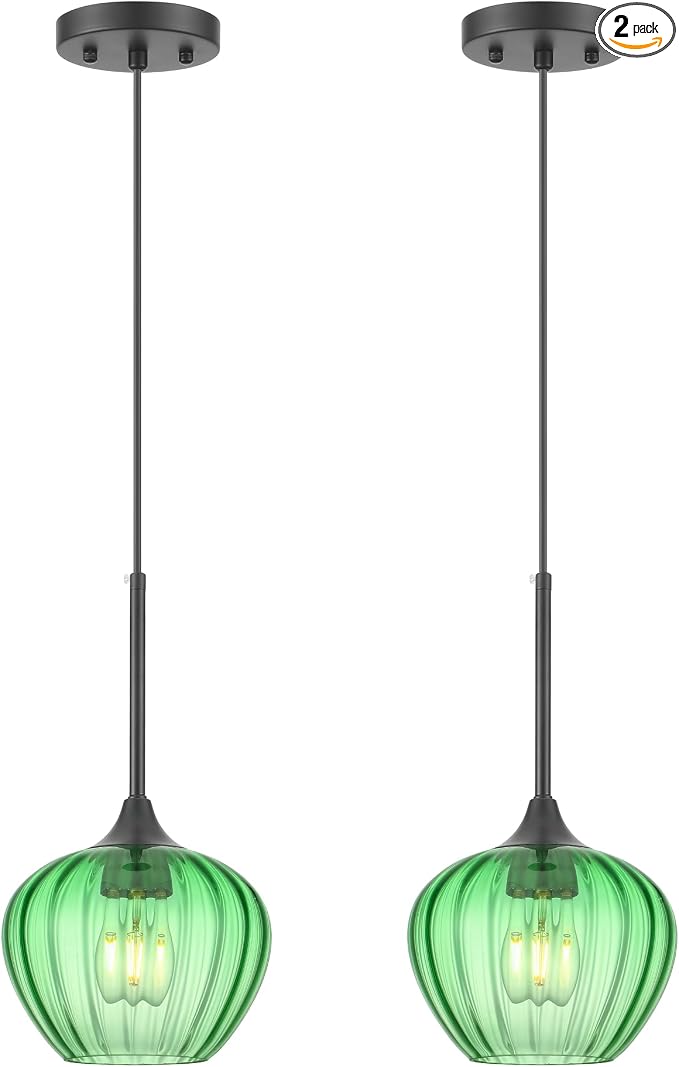 2-Pack Green Pendant Lights Kitchen Island, 7.7" Vintage Glass Pendant Lighting Fixtures Mini Hanging Light for Kitchen, Dining Room, Bathroom, Bedroom