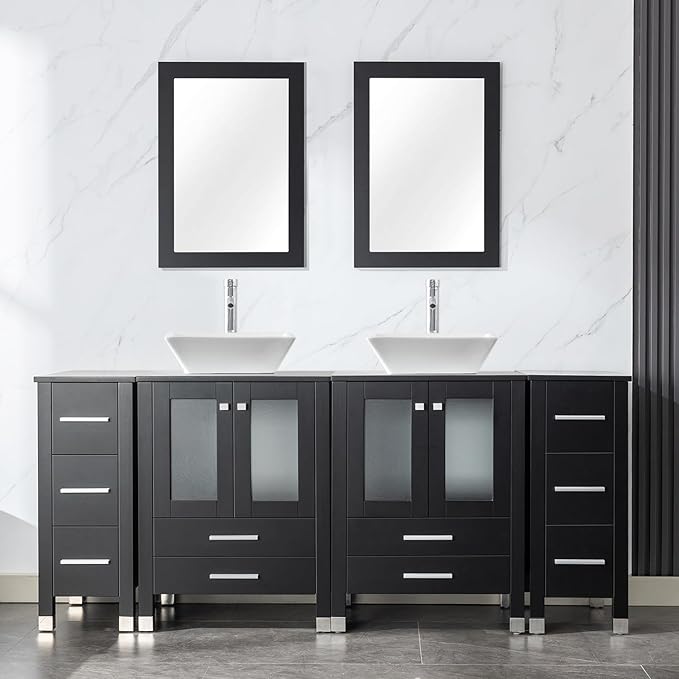 LUCKWIND 72" Double 24-in Bathroom Vanity with Sink Combo, Elegant Series with Two 12.6-in Side Cabinets, Painted Frame, Including White Square Sinks, Faucets Without Mirrors, Black