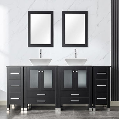 LUCKWIND 72" Double 24-in Bathroom Vanity with Sink Combo, Elegant Series with Two 12.6-in Side Cabinets, Painted Frame, Including White Square Sinks, Faucets Without Mirrors, Black