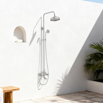 Homevacious Brushed Nickel Brass Outdoor Shower Kit Exposed Shower | 8 Inch High Pressure Rain Shower Head with Hand Spray Bathroom Shower Faucet System Double Knobs Cross Handle 3-Function