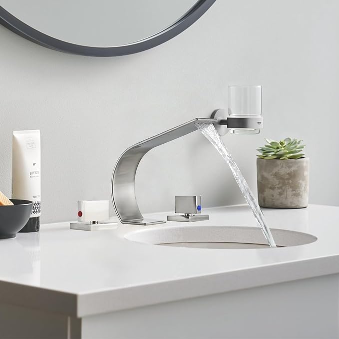 Brushed Nickel Bathroom Faucet 3 Hole,Ultrathin Low Arc 8 inch Widespread Bathroom Sink Faucet,Waterfall Bathroom Faucet,2-Handle Modern Vanity Faucet with Hot and Cold Water Supply Hoses