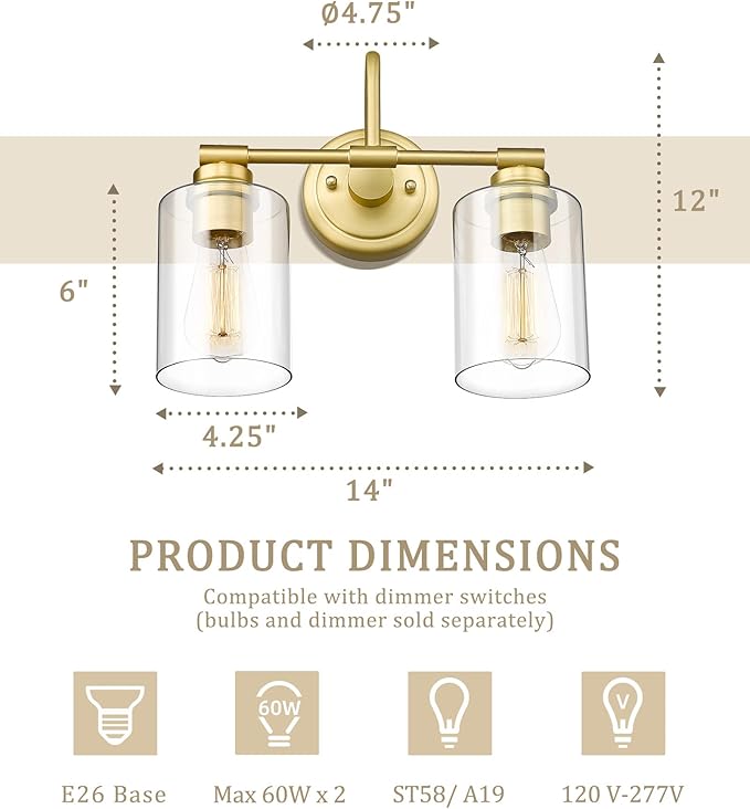 Brushed Gold Bathroom Light Fixtures, 2-Light Modern Bathroom Vanity Light Over Mirror with Clear Glass Shade, KW-7306-2