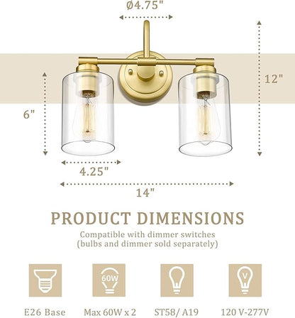 Brushed Gold Bathroom Light Fixtures, 2-Light Modern Bathroom Vanity Light Over Mirror with Clear Glass Shade, KW-7306-2
