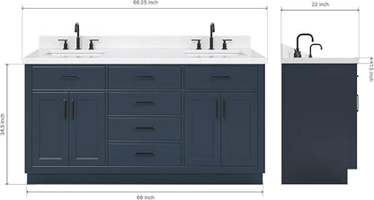 ARIEL Hepburn 66-inch Bathroom Vanity with Sink,Solid Wood, 1.5-inch Carrara White Quartz Countertop, Double Rectangular Porcelain Sink, 4 Soft Closing Doors, 6 Dovetail Drawers, Midnight Blue