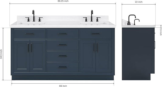 ARIEL Hepburn 66-inch Bathroom Vanity with Sink,Solid Wood, 1.5-inch Carrara White Quartz Countertop, Double Rectangular Porcelain Sink, 4 Soft Closing Doors, 6 Dovetail Drawers, Midnight Blue