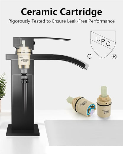 Waterfall Bathroom Faucet 1 Hole, Single Hole Bathroom Faucet, Single Handle Vanity Sink Faucet with Deck Plate, Pop-up Drain & Supply Lines, Matte Black