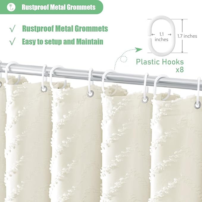 Dynamene Stall Fabric Shower Curtain, 48 Inch Wide Boho Farmhouse Tufted Chevron Striped Tassel Shower Curtain for Bathroom, Minimalist Ruffled Textured Cloth Shower Curtain Set, 8 Hook, 48x72, Cream