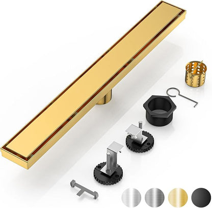 DLONE® Linear Shower Drain - 24 Inch Brushed Gold, with Tile Insert Panel | AISI 304 Stainless Steel Linear Drain, Rectangle Shower Floor Drain, with Adjustable Feet, Fits Bathroom & Balcony etc