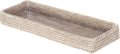 KOUBOO Rattan Vanity Tray Perfume Makeup Bathroom Organizer White Wash | Handwoven natural texture, slim rectangular profile, lightweight design, keeps countertop essentials neatly arranged