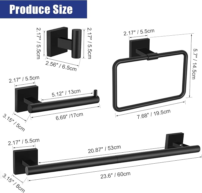 5 Pieces Matte Black Bathroom Hardware Set Black Towel Bar Set for Bathroom SUS304 Stainless Steel Wall-Mounted Towel Racks Set 23.6 Inch