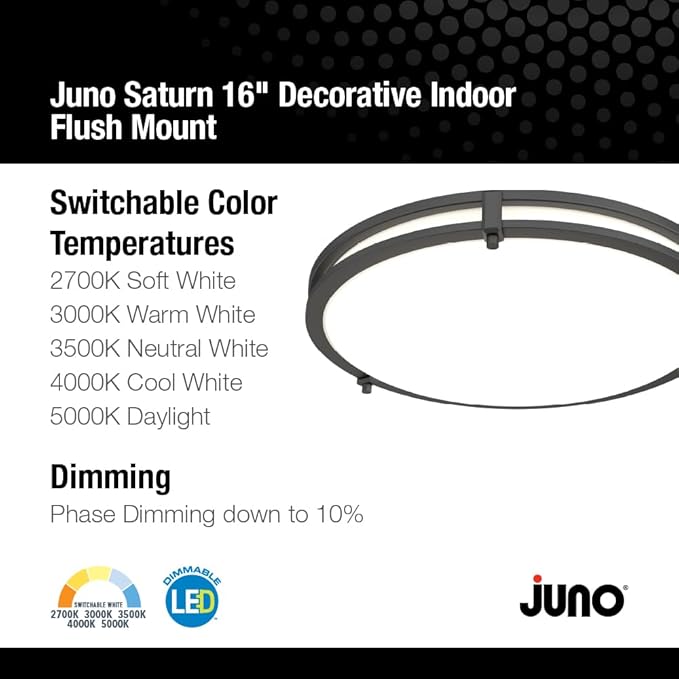 Juno Saturn Flush Mount Ceiling Light with Switchable Color Temperature (2700K-5000K), 16-Inch, Matte Black