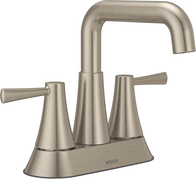 Moen Ronan Spot Resist Brushed Nickel Two-Handle 4 in. Centerset Modern Double Bend Bathroom Faucet with Push-Down Drain, 84025SRN