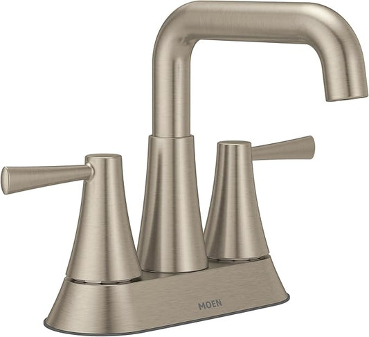 Moen Ronan Spot Resist Brushed Nickel Two-Handle 4 in. Centerset Modern Double Bend Bathroom Faucet with Push-Down Drain, 84025SRN