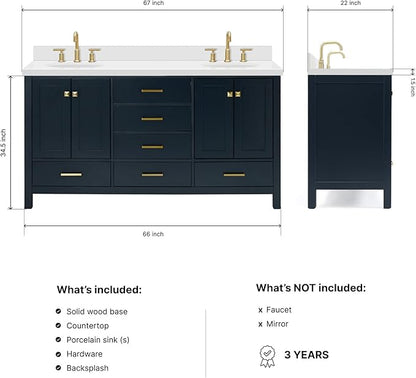 ARIEL Cambridge 66-inch Bathroom Vanity with Sink,Solid Wood, 1.5-inch Pure White Quartz Countertop & Backsplash, Double Oval Porcelain Sink, 4 Soft Closing Doors, 6 Dovetail Drawers, Midnight Blue