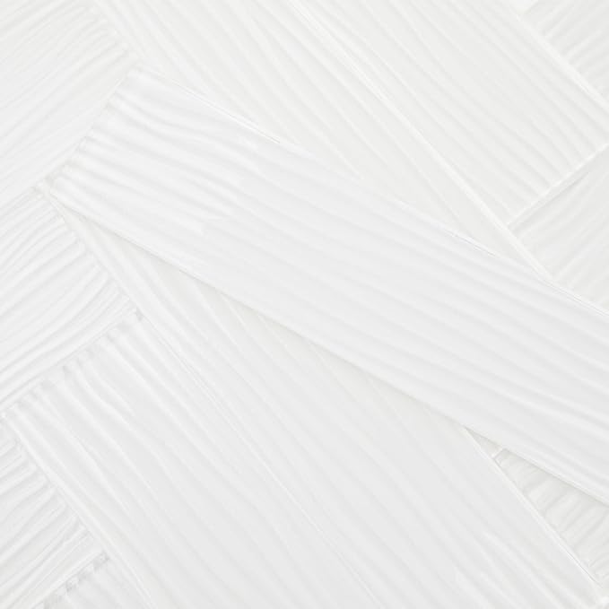 White Glass Subway Tile, Water Wave Glass for Shower Bathroom Kitchen Backsplash Wall, 3 x 12 Inch, 4 Sq.Ft.