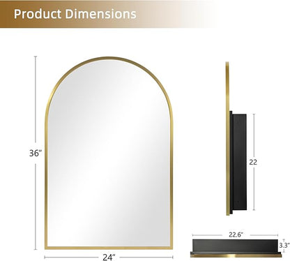 Casaphoria 36" H x 24" W Arched Bathroom Medicine Cabinet with Mirror, Metal Frame Wall Mirror Cabinet, Wall Medicine Cabinets Mirrors, Gold