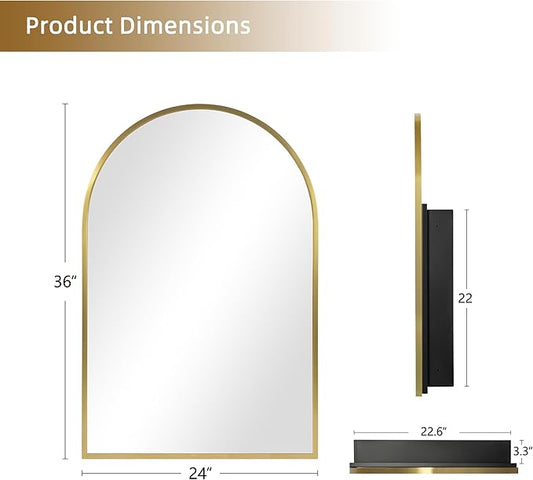Casaphoria 36" H x 24" W Arched Bathroom Medicine Cabinet with Mirror, Metal Frame Wall Mirror Cabinet, Wall Medicine Cabinets Mirrors, Gold