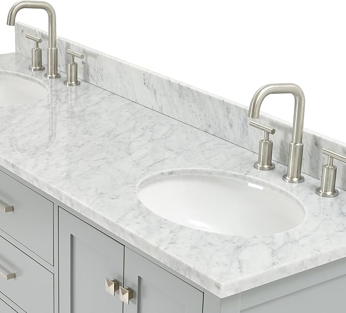 ARIEL Cambridge 66-inch Bathroom Vanity with Sink,Solid Wood, 0.75-inch Italian Carrara Marble Countertop & Backsplash, Double Oval Porcelain Sink, 4 Soft Closing Doors, 6 Dovetail Drawers, Grey