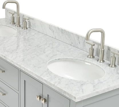 ARIEL Cambridge 66-inch Bathroom Vanity with Sink,Solid Wood, 0.75-inch Italian Carrara Marble Countertop & Backsplash, Double Oval Porcelain Sink, 4 Soft Closing Doors, 6 Dovetail Drawers, Grey