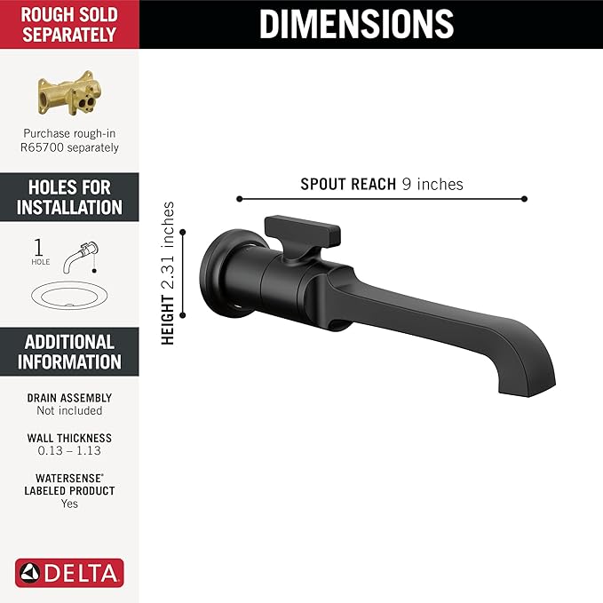 Delta Tetra Wall Mount Bathroom Faucet 1 Hole, Matte Black Single Hole Bathroom Sink Faucet for Vanity, Matte Black T3589LF-BLWL (Valve Not Included)