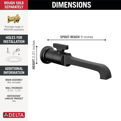 Delta Tetra Wall Mount Bathroom Faucet 1 Hole, Matte Black Single Hole Bathroom Sink Faucet for Vanity, Matte Black T3589LF-BLWL (Valve Not Included)