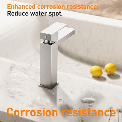 Phiestina Single Hole Brushed Nickel Square Single Handle Bathroom Vanity Faucet with Metal pop up Drain with Deck Plate, Overflow & Water Supply line, BF3530-BN