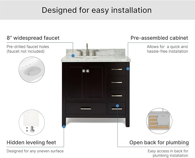 ARIEL Cambridge 36-inch Bathroom Vanity with Sink,Solid Wood, 1.5-inch Italian Carrara Marble Countertop & Backsplash, Single Oval Porcelain Sink, 2 Soft Closing Doors, 5 Dovetail Drawers, Espresso