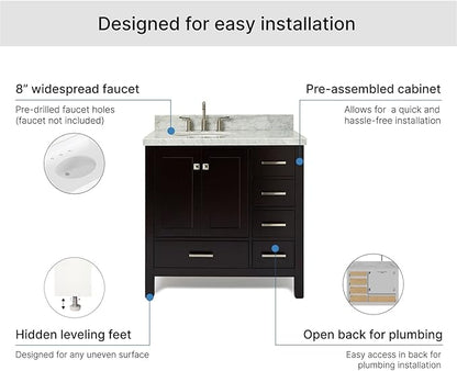 ARIEL Cambridge 36-inch Bathroom Vanity with Sink,Solid Wood, 1.5-inch Italian Carrara Marble Countertop & Backsplash, Single Oval Porcelain Sink, 2 Soft Closing Doors, 5 Dovetail Drawers, Espresso
