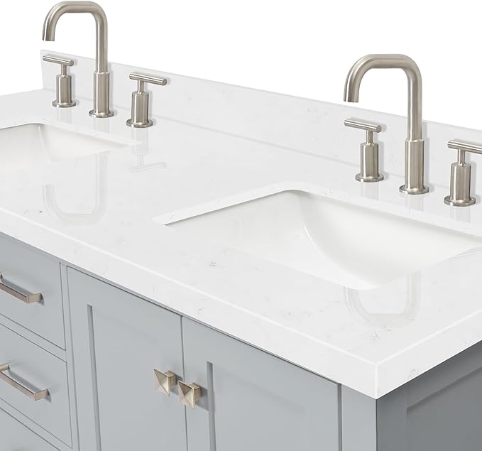 ARIEL Cambridge 60-inch Bathroom Vanity with Sink,Solid Wood, 1.5-inch Carrara White Quartz Countertop, Double Rectangular Porcelain Sink, 4 Soft Closing Doors, 6 Dovetail Drawers, Grey