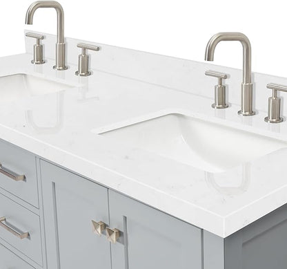 ARIEL Cambridge 60-inch Bathroom Vanity with Sink,Solid Wood, 1.5-inch Carrara White Quartz Countertop, Double Rectangular Porcelain Sink, 4 Soft Closing Doors, 6 Dovetail Drawers, Grey