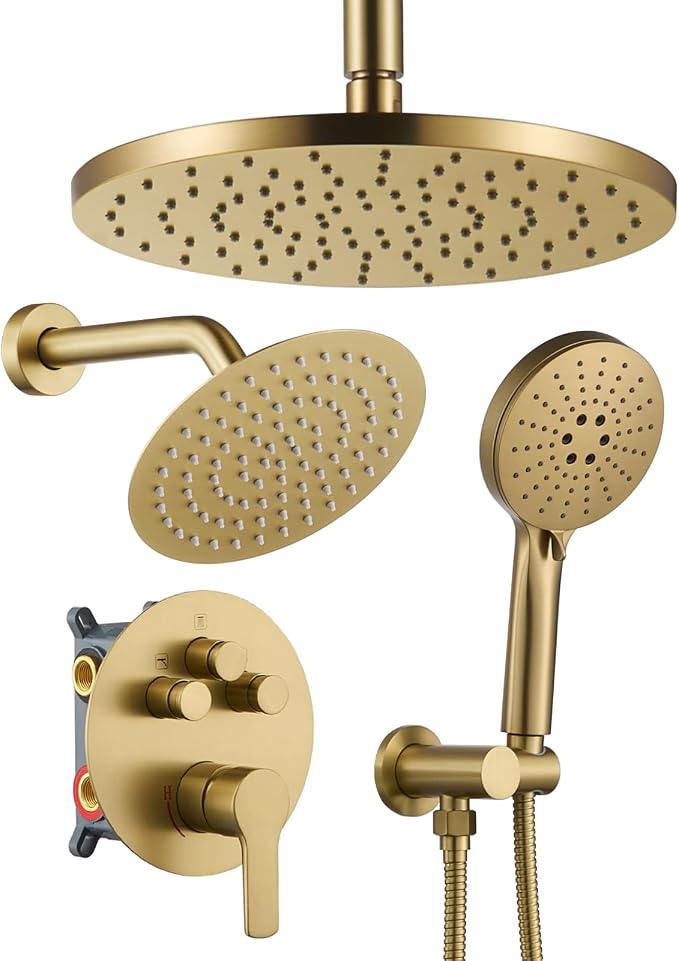 Iriber Brushed Gold Shower head with Handheld,8"+10" Rain Shower Faucet Set | 10 Inch Ceiling +8 Inch Wall Mount Dual Shower Heads,Push Button Diverter Shower System,Pressure Balance Valve