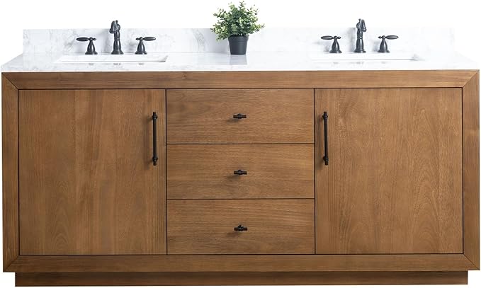 Vanity Art 72 inch Double Sink Bathroom Vanity, Solid Poplar Wood, Vanity Cabinet with Doors and Shelf, Modern Wood Bathroom Vanity with White Marble Top 3 Functioning Drawers, VA70-72-DT-E