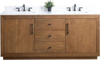 Vanity Art 72 inch Double Sink Bathroom Vanity, Solid Poplar Wood, Vanity Cabinet with Doors and Shelf, Modern Wood Bathroom Vanity with White Marble Top 3 Functioning Drawers, VA70-72-DT-E