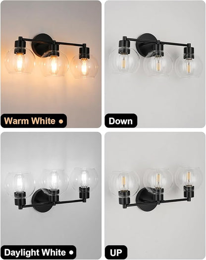 WILON Black Bathroom Light Fixtures Over Mirror, 3-Light Bathroom Vanity Light with Clear Glass Shades, Farmhouse Bath Sconce Wall Lamp with E26 Base, Wall Sconces for Bedroom, Hallway
