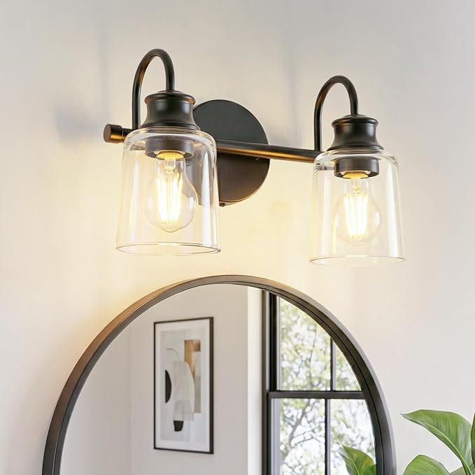 2 Lights Bathroom Light Fixtures Modern Black Vanity Lights | ETL Certificate, Easy to Install,Wall Mount Up or Down,Thickened Glass Lampshade,E26 Socket,Hardwired