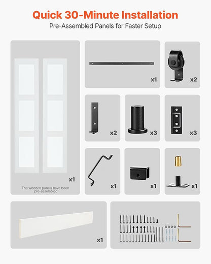 VEVOR Bifold Barn Door, 36" x 84", Frosted Glass Barn Door with Header Board and Hardware Kit Included, Space-Saving Design, Pre-Assembled Panels, Waterproof & Quiet, White