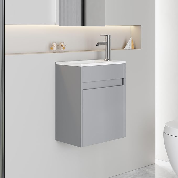 eclife 16" Small Bathroom Vanity Sink Combo, Modern Painted Wall Mounted Floating Cabinet W/Resin Basin Sink Top, Chrome Water Save Faucet & Pop Up Drain (B10G)