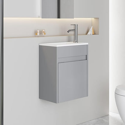 eclife 16" Small Bathroom Vanity Sink Combo, Modern Painted Wall Mounted Floating Cabinet W/Resin Basin Sink Top, Chrome Water Save Faucet & Pop Up Drain (B10G)