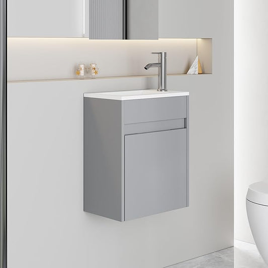 eclife 16" Small Bathroom Vanity Sink Combo, Modern Painted Wall Mounted Floating Cabinet W/Resin Basin Sink Top, Chrome Water Save Faucet & Pop Up Drain (B10G)