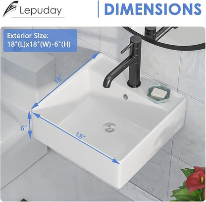 Wall Mounted Vessel Sink 18"x18" Ceramic Floating Bathroom Sink | Floating Wall Hung Sinks Modern Porcelain Wall Hung Sink Wash Hand Basin Vanity Sink with Overflow