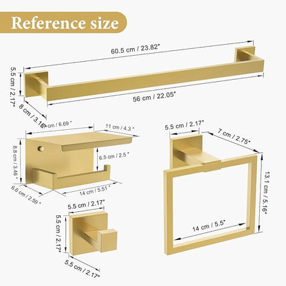 TURS Bathroom Hardware Set Brushed Gold 4-Piece Towel Bar Set Include 24 Inch Towel Bar Towel Ring Towel Hook Toilet Paper Holder with Shelf Wall Mounted.