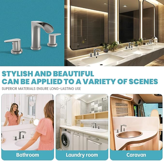 Brushed Nickel Bathroom Faucets - Waterfall 8 Inch Widespread Bathroom Sink Faucet, 2 Handles Vanity Faucets 3 Holes for Lavatory Restroom RV Bathtub with Pop Up Drain & Supply Lines