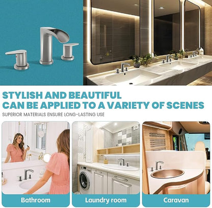 Brushed Nickel Bathroom Faucets - Waterfall 8 Inch Widespread Bathroom Sink Faucet, 2 Handles Vanity Faucets 3 Holes for Lavatory Restroom RV Bathtub with Pop Up Drain & Supply Lines