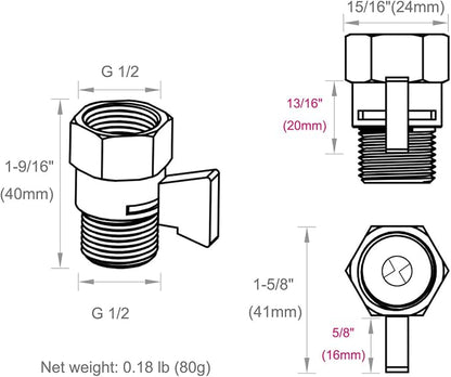 Angle Simple Shower Head Shut Off Valve, Flow Restrictor, Brushed Nickel | Robust Brass Water Flow Regulator G 1/2, Control Water Volume Pressure Reducer for Handheld Shower or Bidet Sprayer